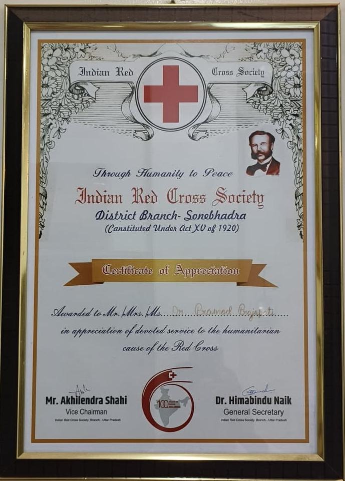 Indian Red Cross Society Certificate of Appreciation Sonbhadra