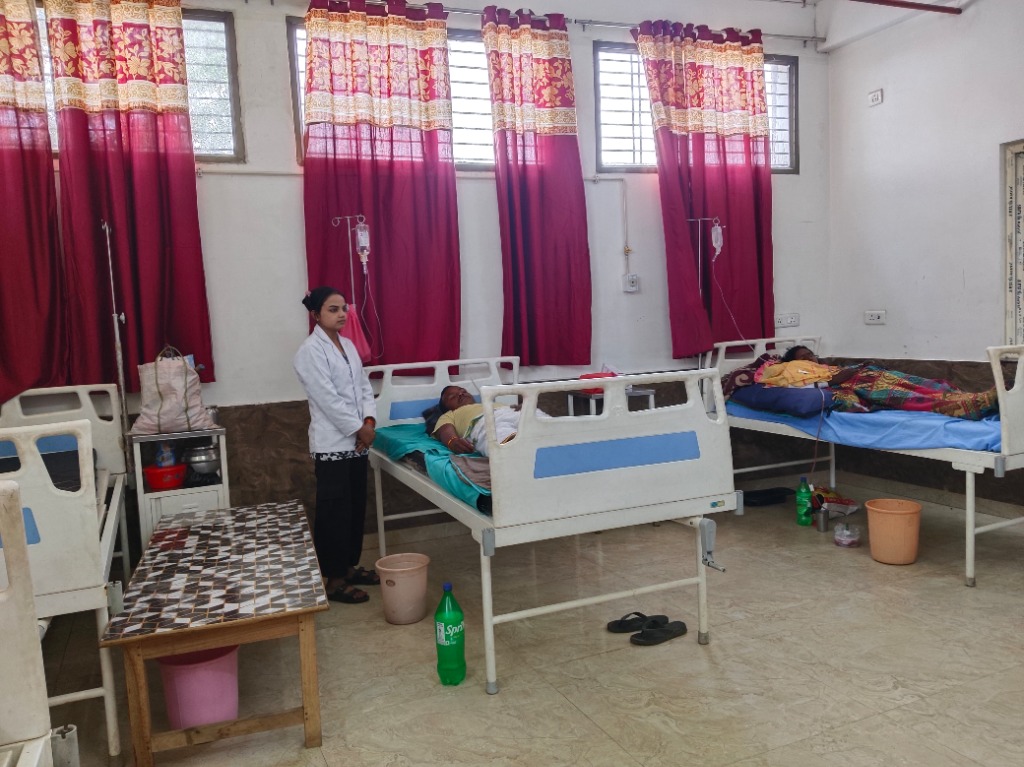 General Ward Nurse Patients Red Curtains Life Care Hospital Robertsganj